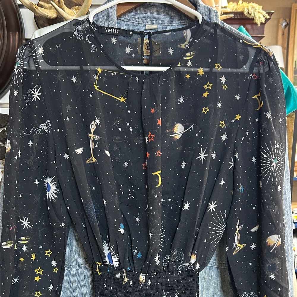 Starry Zodiac Galaxy Black Sheer Dress